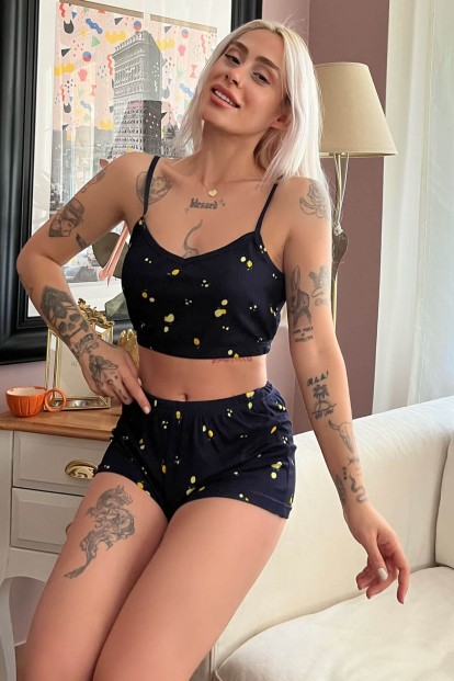 Lacivert Limon Desenli Şortlu Crop Bustiyer Pijama Takım - Pijamaevi
