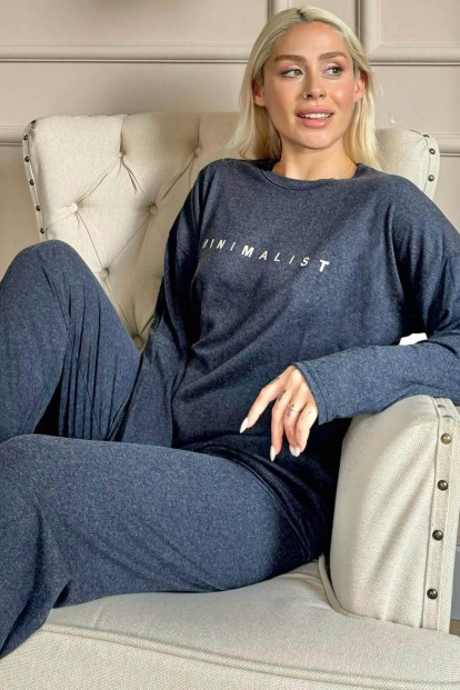 Lacivert Minimalist Baskılı Bambu Uzun Kol Kadın Pijama Takımı - Pijamaevi