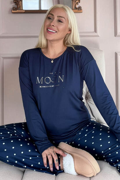 Lacivert Moon Desenli Bambu Uzun Kol Kadın Pijama Takımı - Pijamaevi