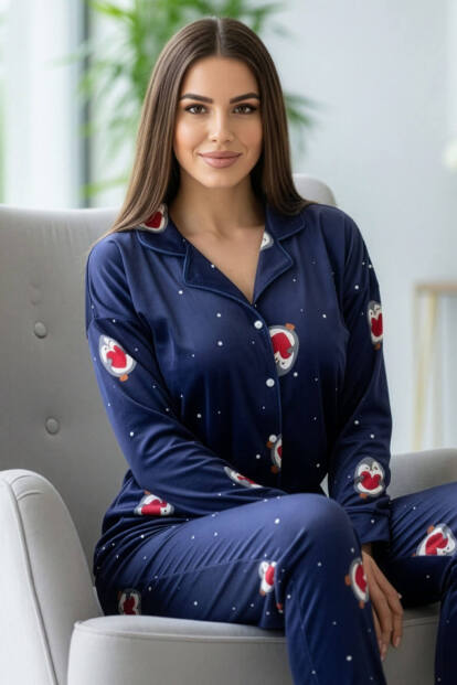 Lacivert Nordic Desenli Exclusive Önden Düğmeli Kadife Kadın Pijama Takımı - Pijamaevi
