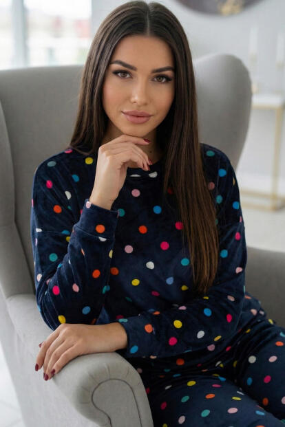 Lacivert Puan Desenli Veloura Soft Kadın Pijama Takımı  - Pijamaevi