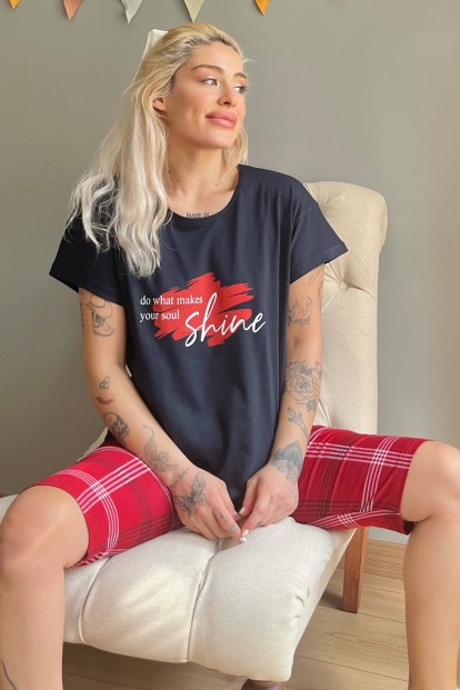 Lacivert Shine Baskılı Kapri Bermuda Kadın Pijama Takımı - Pijamaevi