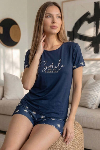 Lacivert Smile Everyday Desenli Bambu Kısa Kol Kadın Şortlu Pijama Takımı - Pijamaevi