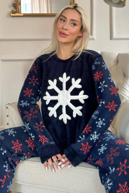 Lacivert Snefnug Desenli Kadın Peluş Pijama Takımı - Pijamaevi