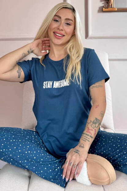 Lacivert Stay Desenli Bambu Kısa Kol Kadın Pijama Takımı - Pijamaevi