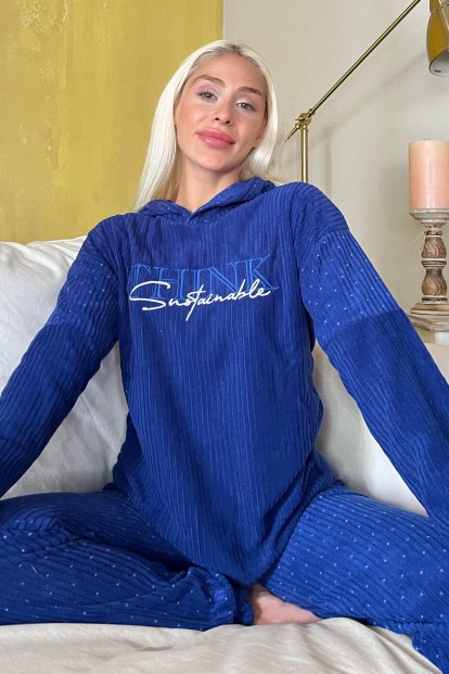 Lacivert Think Desenli Kapşonlu Peluş Polar Pijama Takımı - Pijamaevi