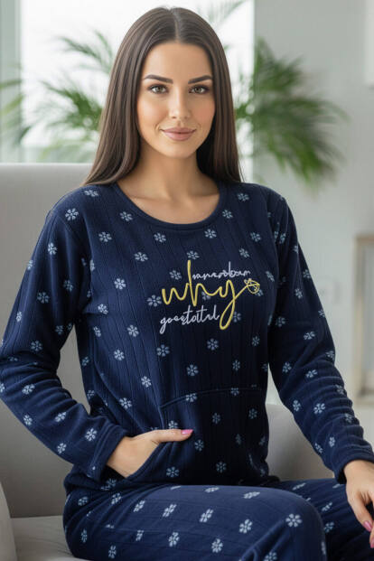Lacivert Why Desenli Kanguru Cepli Peluş Polar Pijama Takımı - Pijamaevi