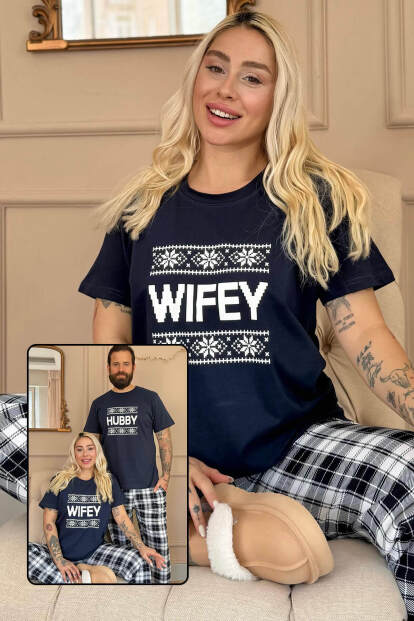 Lacivert Wifey Kısa Kol Sevgili Aile Pijaması - Kadın Takımı - Pijamaevi