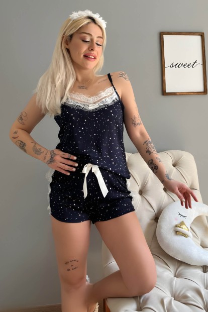 Lacivert Yıldız Dantel Detaylı İp Askı Şortlu Örme Pijama Takımı - Pijamaevi