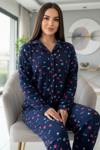 Lacivert Yıldız Desenli Önden Düğmeli Peluş Polar Pijama Takımı - Pijamaevi