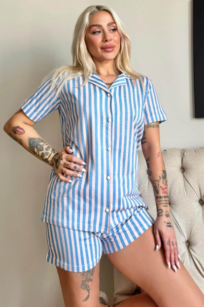 Larosh Önden Düğmeli Şortlu Kısa Kollu Kadın Pijama Takımı - Pijamaevi