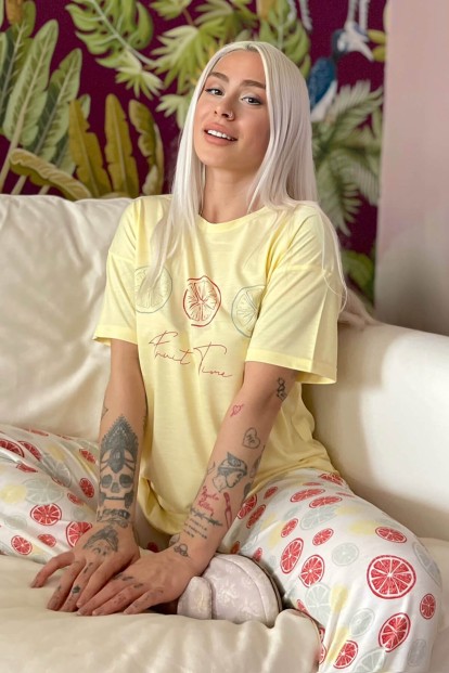 Lemon Time Baskılı Örme Kısa Kol Kadın Pijama Takımı - Pijamaevi