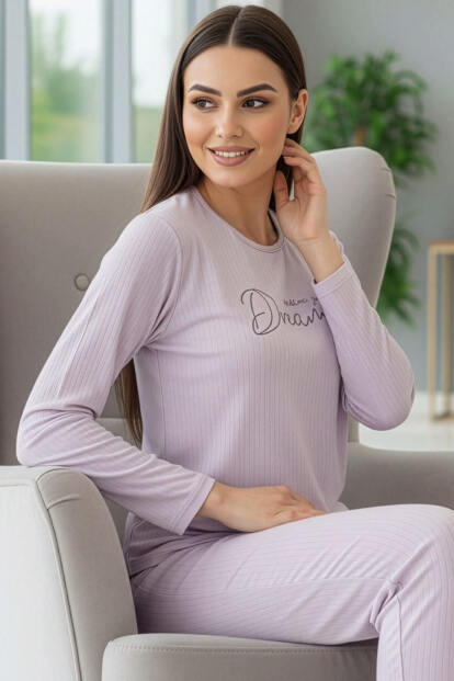 Lila Dreams Desenli Uzun Kollu Dublin Örme Kadın Pijama Takımı - Pijamaevi