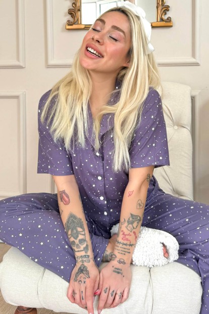 Lila Mini Yıldız Desenli Bambu Önden Düğmeli Kısa Kol Pijama Takımı - Pijamaevi