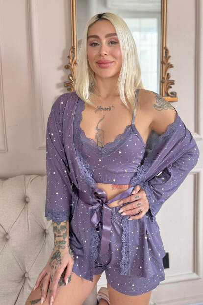Lila Stars Desenli Bambu Crop Sabahlıklı Şortlu Kadın Pijama Takımı - Pijamaevi