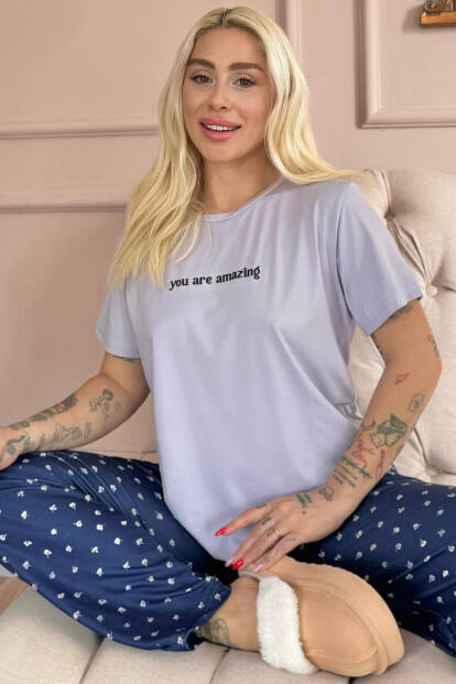 Lila You Are Amazing Desenli Kısa Kollu Örme Kadın Pijama Takımı - Pijamaevi