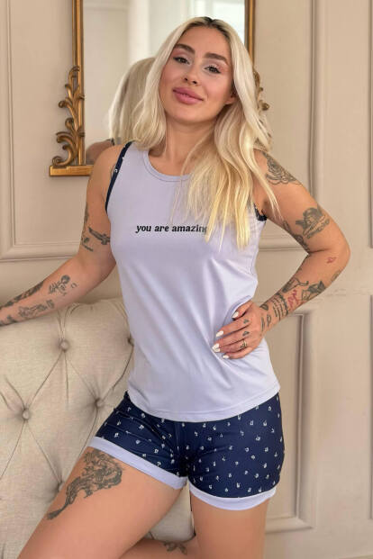Lila You Are Desenli Sıfır Kol Şortlu Örme Kadın Pijama Takımı - Pijamaevi