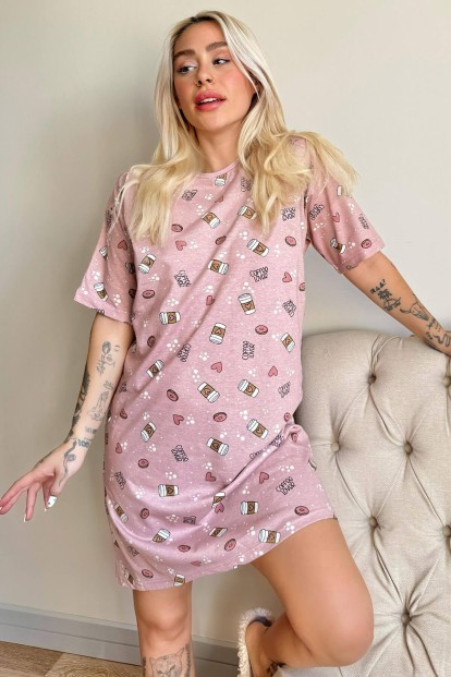 Lover Desenli Kısa Kollu Oversize Kadın Gecelik - Pijamaevi
