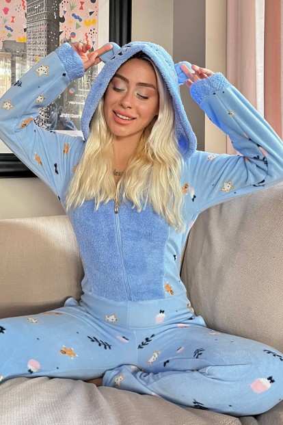 Mavi Cookies Desenli Kadın Polar Peluş Tulum Pijama Takımı - Pijamaevi