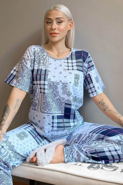 Mavi Ekose Etnik Baskılı Kısa Kollu Kadın Pijama Takımı - Pijamaevi