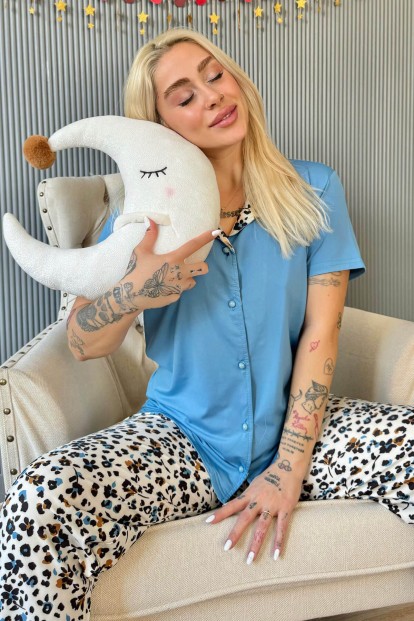 Mavi Florado Exclusive Önden Düğmeli Kısa Kollu Kadın Pijama Takımı - Pijamaevi