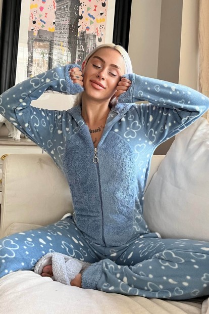 Mavi Kalp Desenli Kadın Polar Peluş Tulum Pijama - Pijamaevi