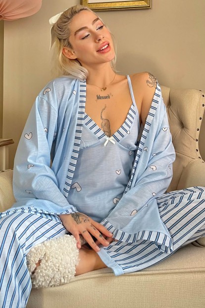 Mavi Kalp Desenli Sabahlıklı Örme Pijama Takımı - Pijamaevi