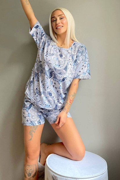 Mavi Klasik Etnik Baskılı Şortlu Kadın Pijama Takımı - Pijamaevi