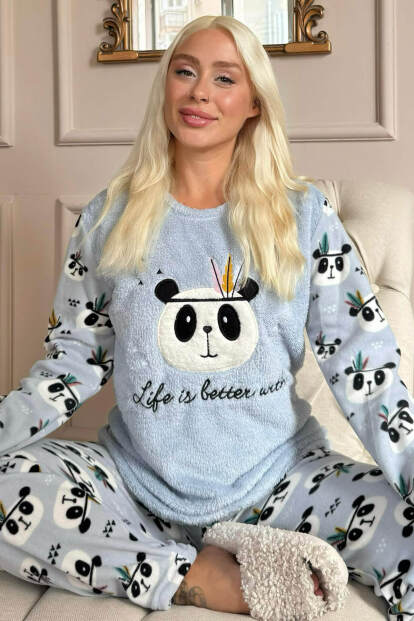 Mavi Life Panda Desenli Kadın Peluş Pijama Takımı - Pijamaevi