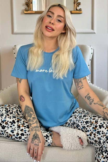 Mavi More Love Desenli Kısa Kollu Örme Kadın Pijama Takımı - Pijamaevi