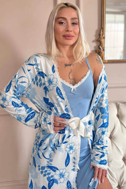 Mavi Noir Exclusive Örme Sabahlıklı Gecelik Kadın Pijama Takımı - Pijamaevi