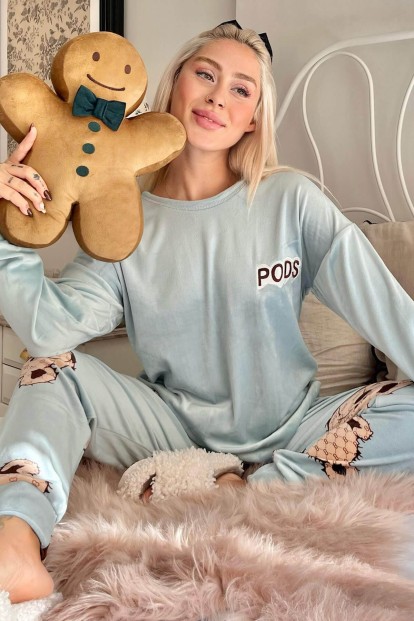 Mavi Pods Desenli Exclusive Kadife Kadın Pijama Takımı  - Pijamaevi