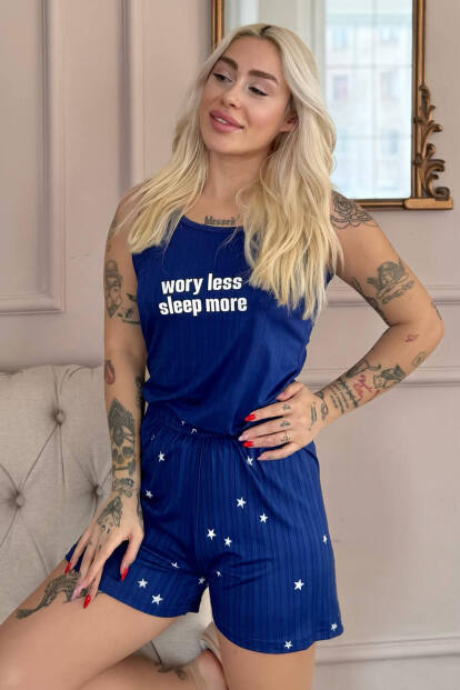Mavi Sleep More Desenli Şortlu Marlenka Kadın Pijama Takımı - Pijamaevi