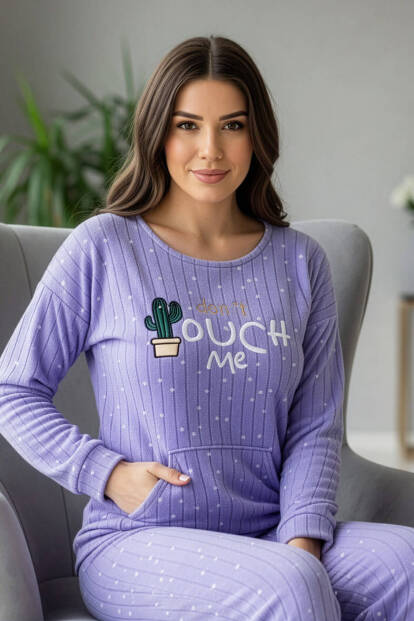 Mavi Touch Desenli Kanguru Cepli Peluş Polar Pijama Takımı - Pijamaevi