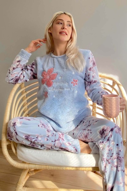 Mavi Yaprak Desenli Kadın Peluş Pijama Takımı - Pijamaevi