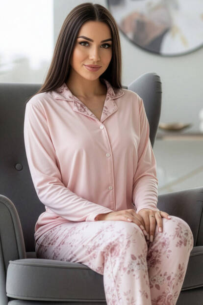 Mercan Florado Exclusive Önden Düğmeli Uzun Kollu Kadın Pijama Takımı - Pijamaevi