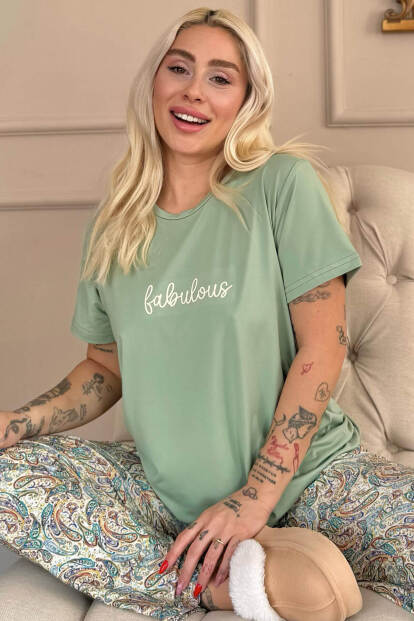 Mint Fabulous Desenli Kısa Kollu Örme Kadın Pijama Takımı - Pijamaevi