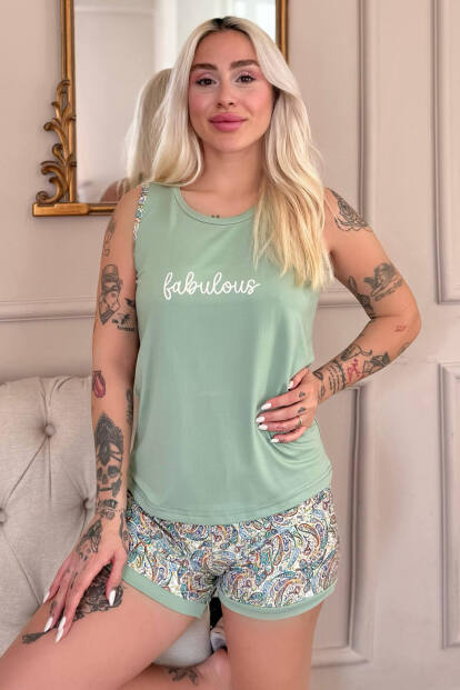Mint Fabulous Desenli Sıfır Kol Şortlu Örme Kadın Pijama Takımı - Pijamaevi