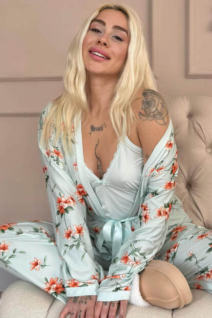 Mint Floral Breeze Exclusive Örme Sabahlıklı Kadın Pijama Takım - Pijamaevi