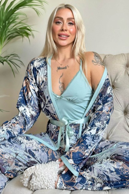 Mint Flore Exclusive Örme Sabahlıklı Kadın Pijama Takımı - Pijamaevi