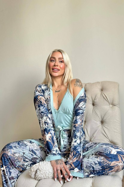 Mint Flore Exclusive Örme Sabahlıklı Kadın Pijama Takımı - Pijamaevi (1)