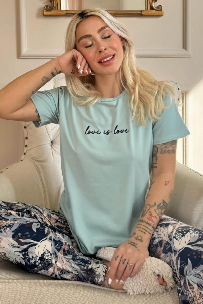 Mint Love is Love Desenli Kısa Kollu Örme Kadın Pijama Takımı - Pijamaevi