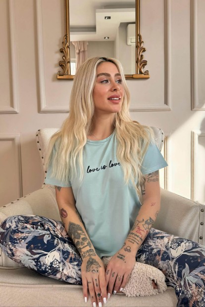 Mint Love is Love Desenli Kısa Kollu Örme Kadın Pijama Takımı - Pijamaevi (1)