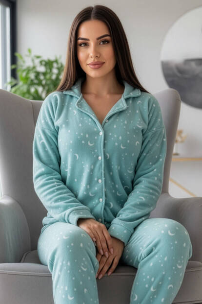 Mint Moon Stars Desenli Önden Düğmeli Peluş Polar Pijama Takımı - Pijamaevi