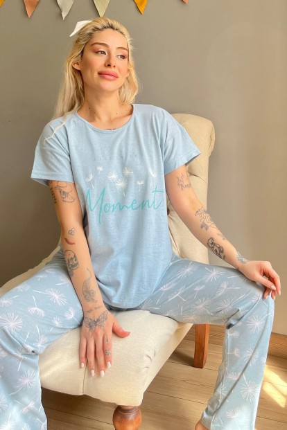 Mint Yeşili Moment Baskılı Kısa Kollu Kadın Pijama Takımı - Pijamaevi