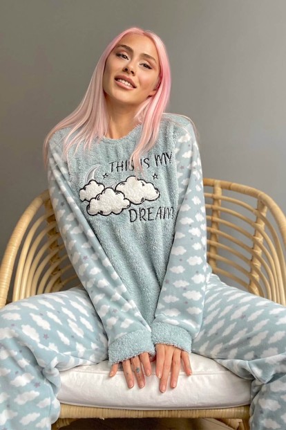 Mint Yeşili Moon Cloud Desenli Kadın Peluş Pijama Takımı - Pijamaevi