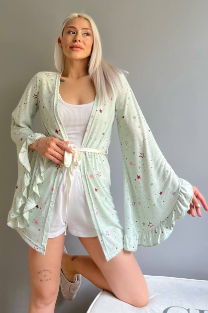 Mint Yeşili Yıldız Desenli Kadın Kimono Sabahlık - Pijamaevi