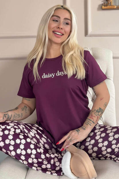 Mor Daisy Days Desenli Kısa Kollu Kadın Pijama Takımı - Pijamaevi