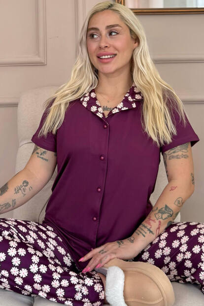 Mor Daisy Exclusive Önden Düğmeli Kadın Pijama Takım - Pijamaevi