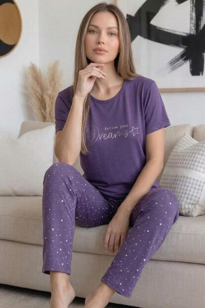Mor Dreams Desenli Bambu Kısa Kol Kadın Pijama Takımı - Pijamaevi